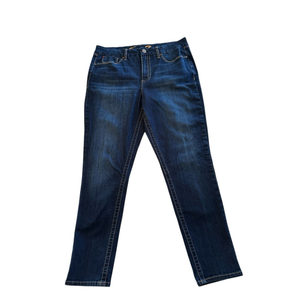 Seven7 Tummyless High Rise Skinny Jeans Womens 16 Blue Denim Leather Logo